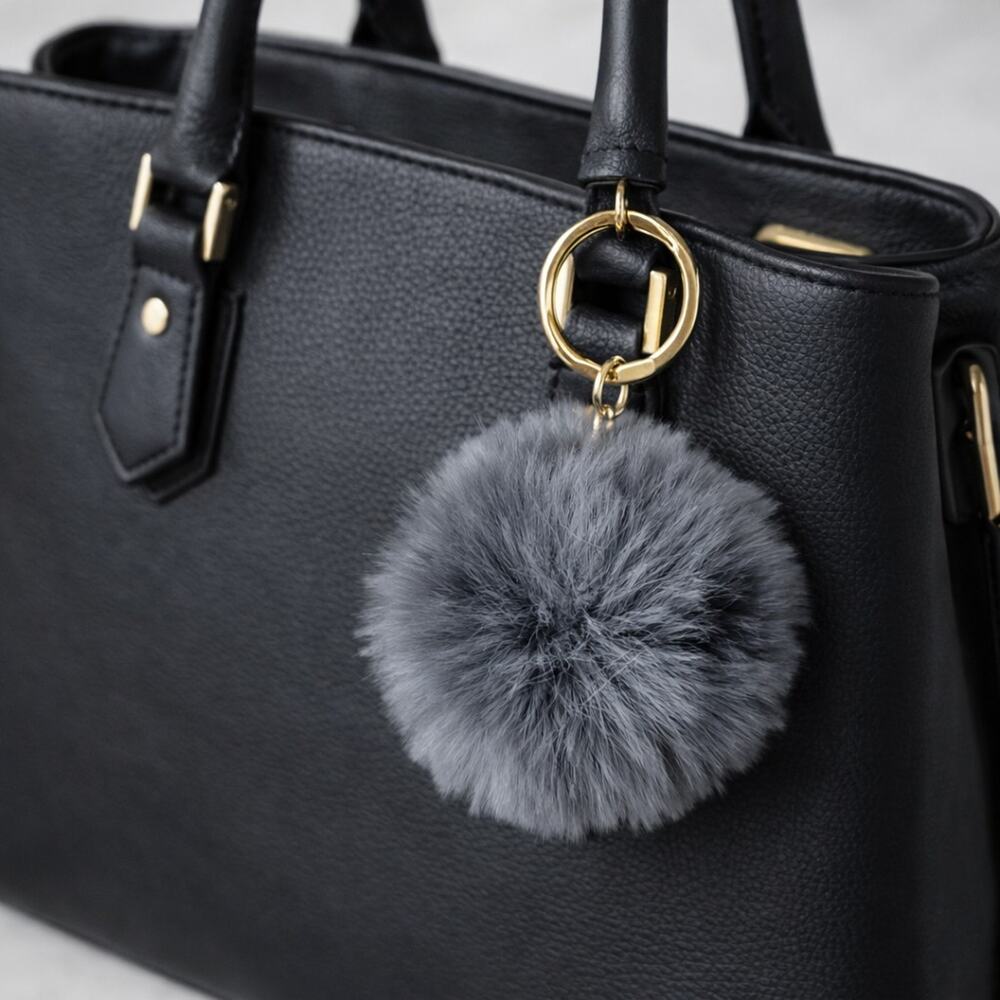Dark Gray Faux Fur Pom Pom Keychain Fluffy Puff Key Ring Bag Charm Accessory